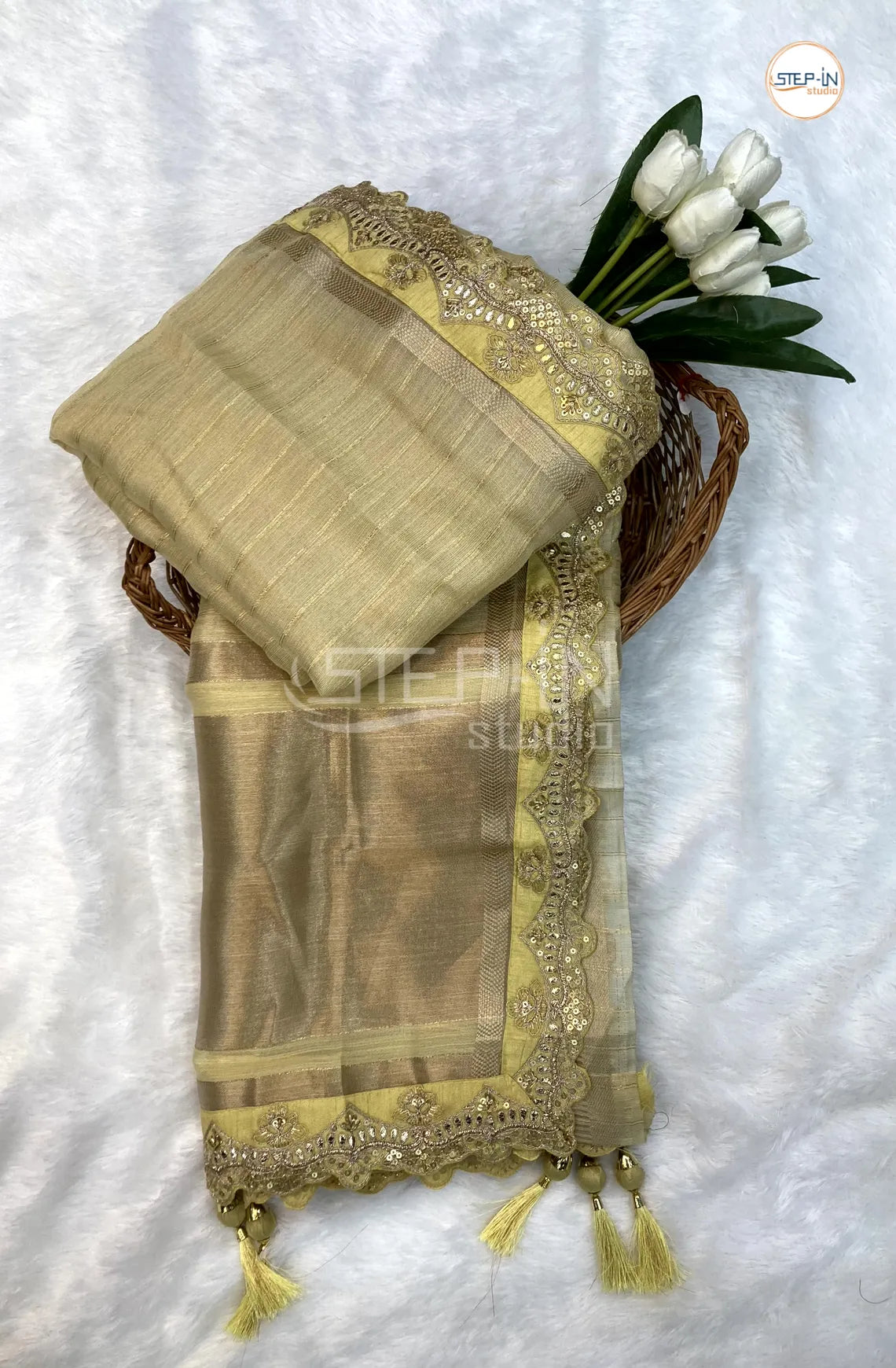 Yellow Striped Design Partwear Tissu Saree With Zari and Jamki Work Pallu and jamki Work Border & Contrast Blouse