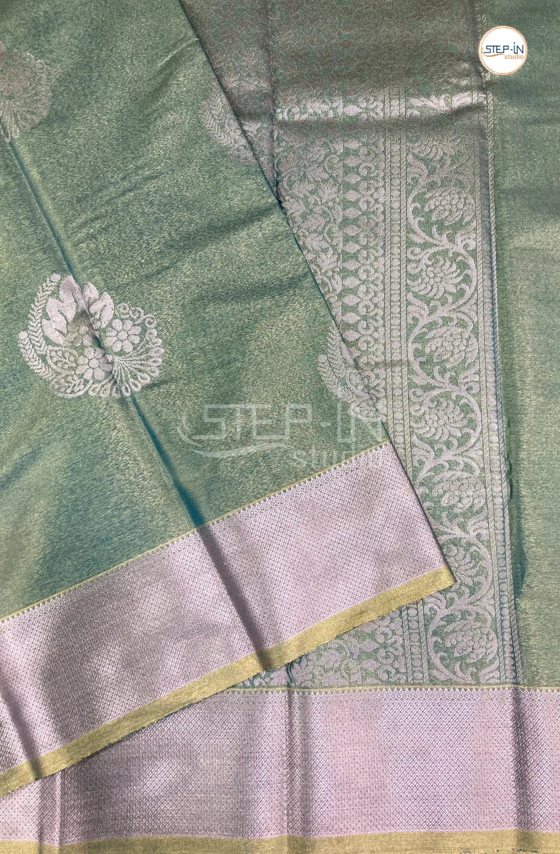 Semi Silk Saree With Self Blouse and Zari Border - Bottle Green