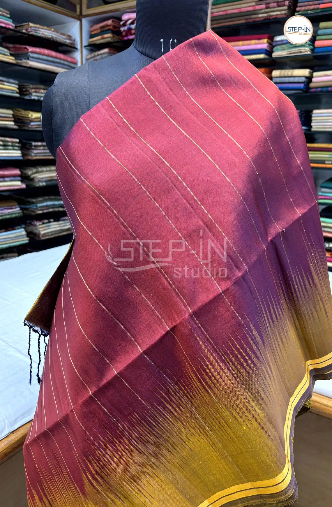 Maroon Gold Zari Lines Design Soft Silk Saree With Contrast Boluse and Pallu