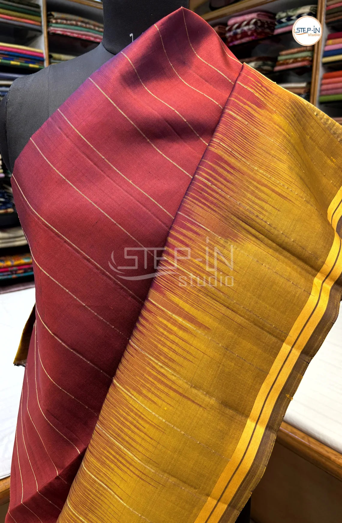 Maroon Gold Zari Lines Design Soft Silk Saree With Contrast Boluse and Pallu