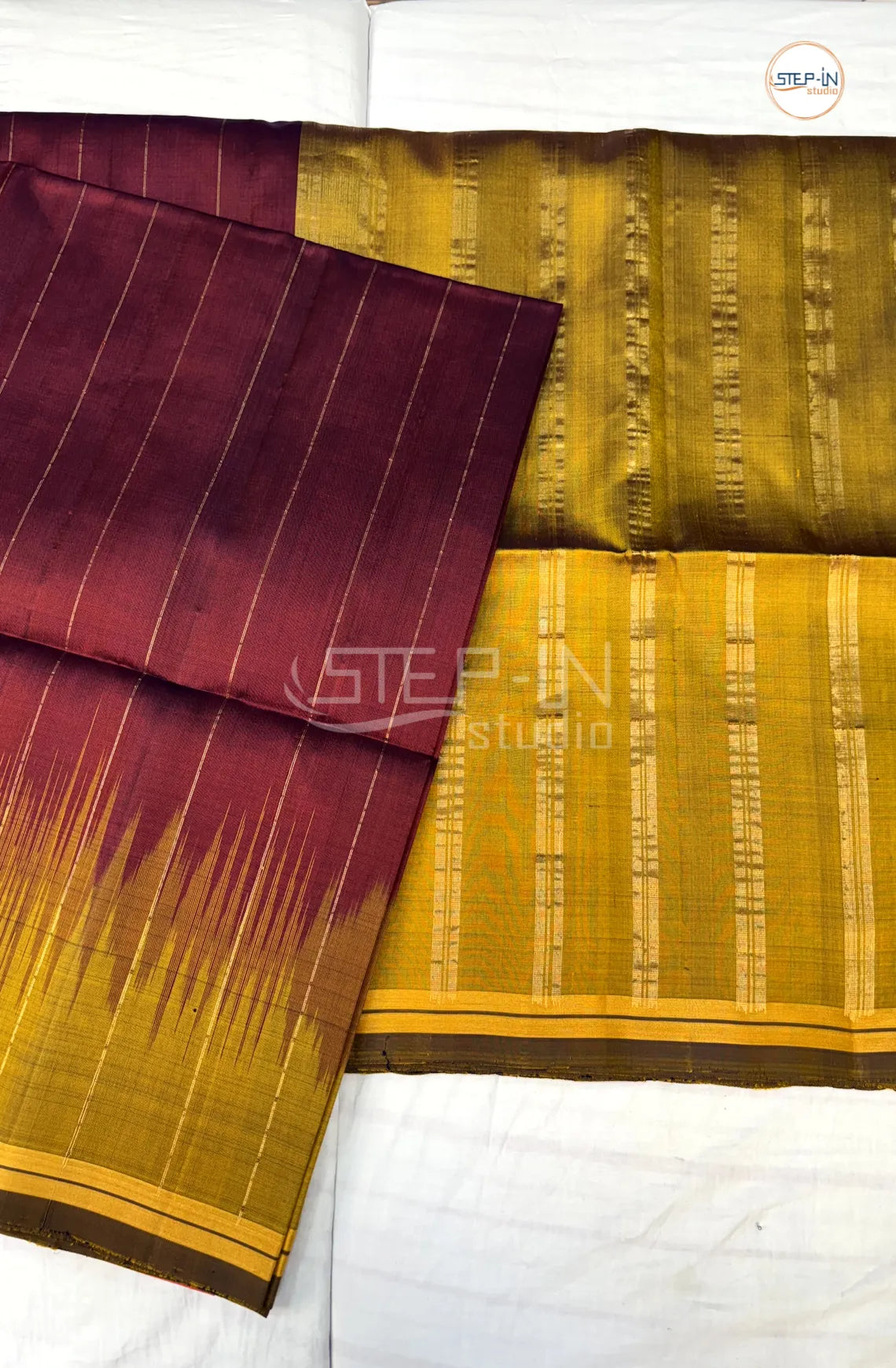 Maroon Gold Zari Lines Design Soft Silk Saree With Contrast Boluse and Pallu