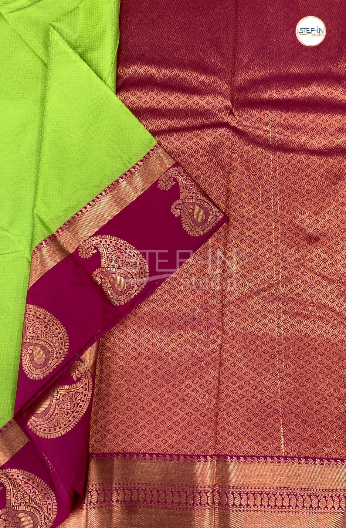 Lime Green Semi Kanchi Silk Saree With Maroon Contrast Zari Border
