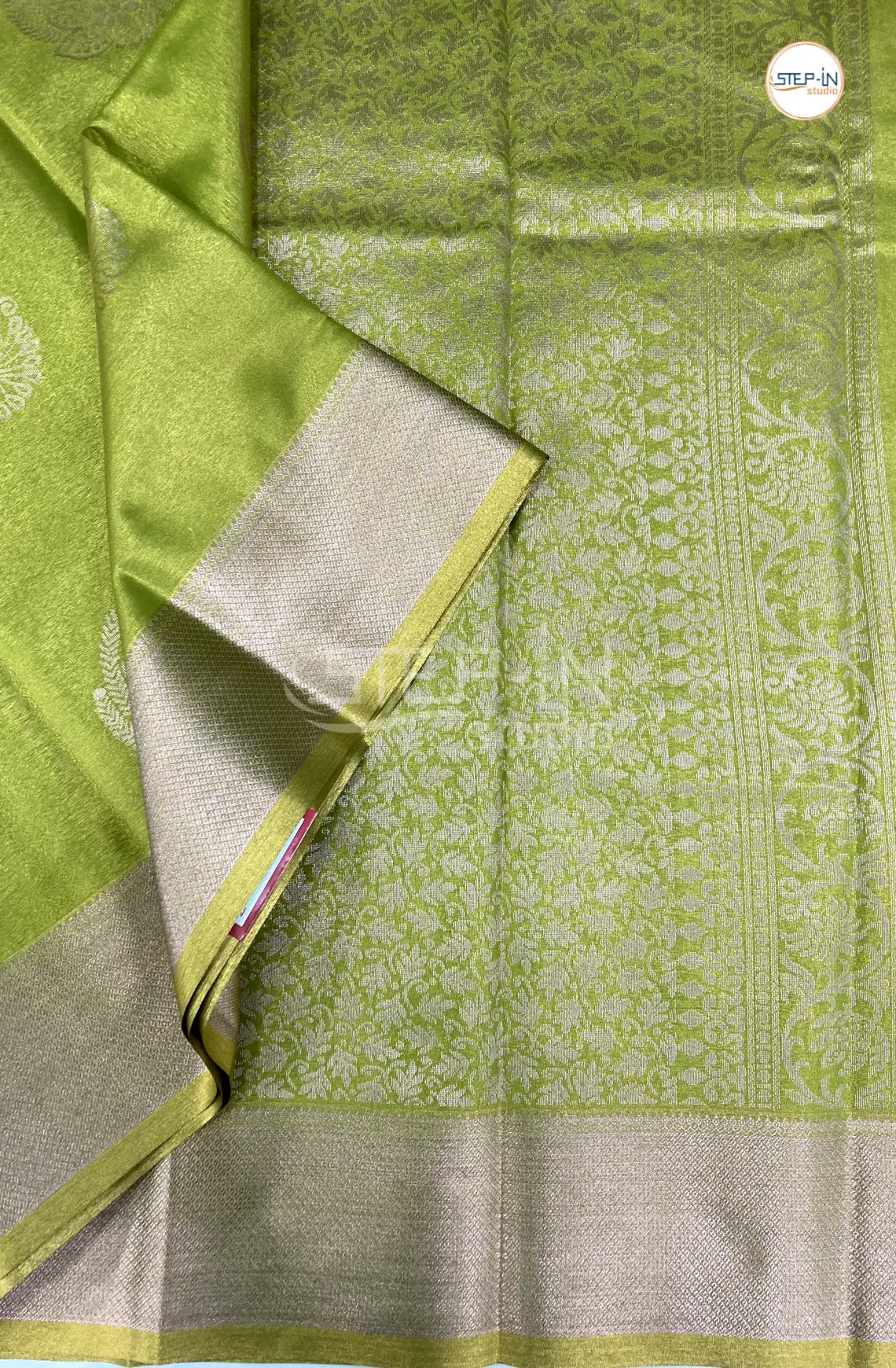 Semi Silk Saree With Self Blouse and Zari Border - Lime Green