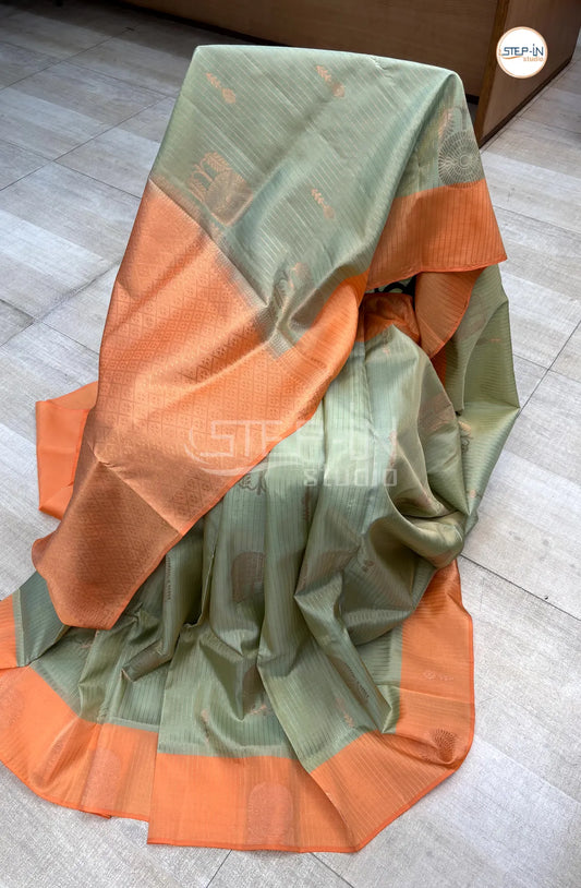 Green Gold Floral Zari Design Soft Silk Saree With Contrast Boluse and Pallu