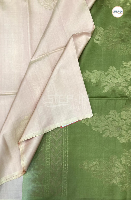 Ivory & Deep Saga Green Floral Motif Design Soft Silk Saree With Contrast Blouse and Plain Border & Design Pallu